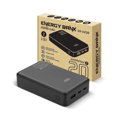 EVERACTIVE POWERBANK 20 000MAH, 1X USB, 2X USB-C, 20W, QC4+, WYŚWIETLACZ LCD, CZARNY EB-22QB
