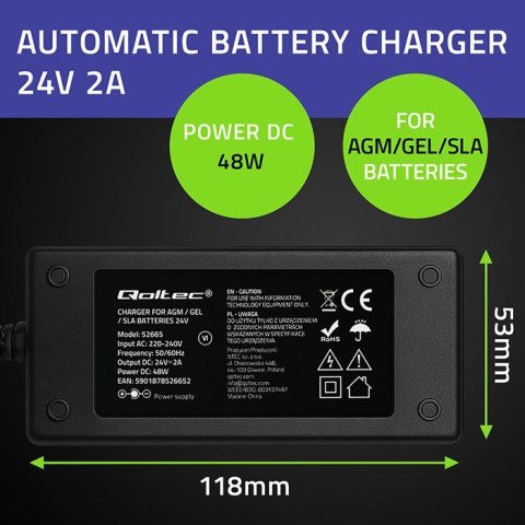 QOLTEC ŁADOWARKA DO AKUMULATORA AGM GEL STD | PROSTOWNIK 24V 2A 48W | LED