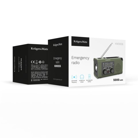 Radio solarne, przenośne radio awaryjne SOS, powerbank 5000mAh, latarka, dynamo, Kruger&Matz
