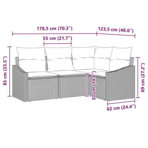 Zestaw Sof z poduszką 4 pcs Czarny polirattan